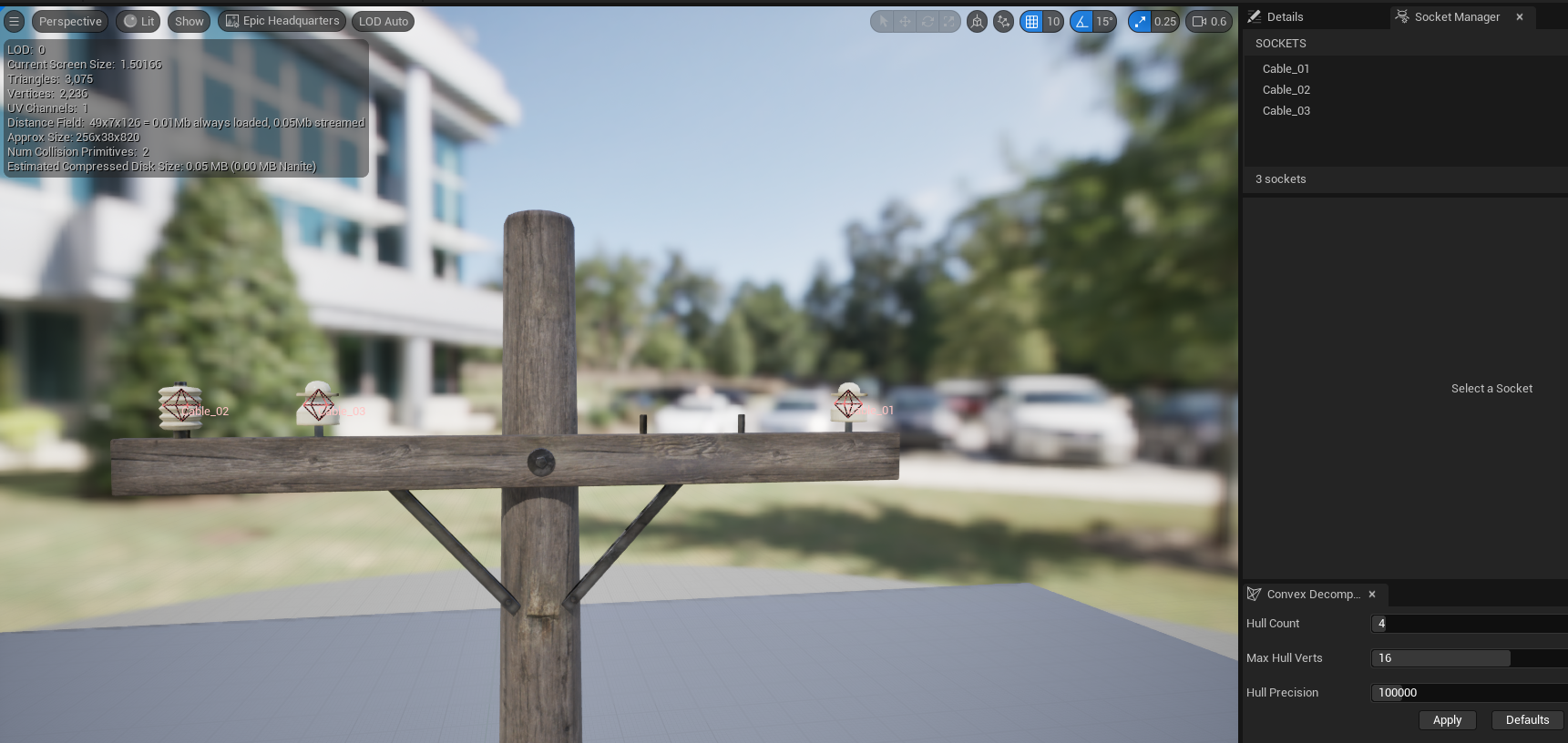 Visualization of pole sockets as cable attachment points